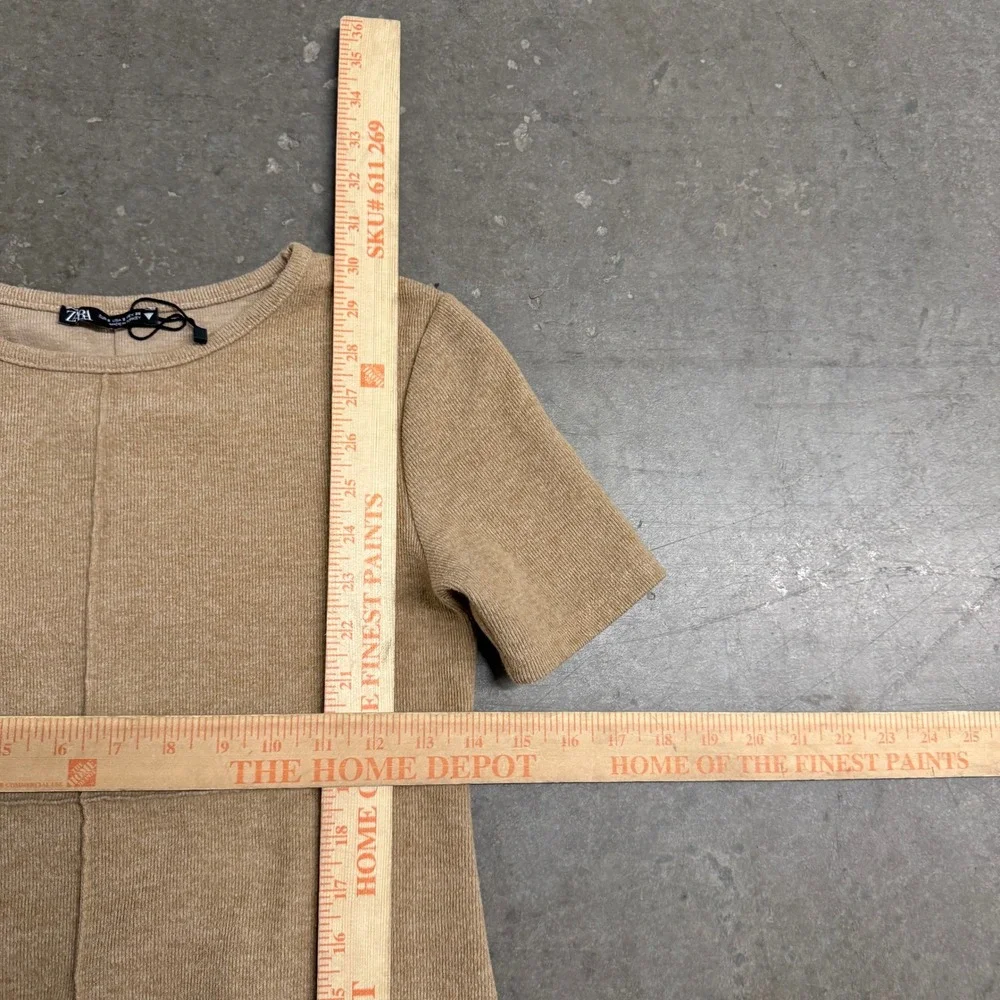 Zara Womens Tan Knit Short Sleeve Mini Dress‎ Exposed Seam Detail Size Small
